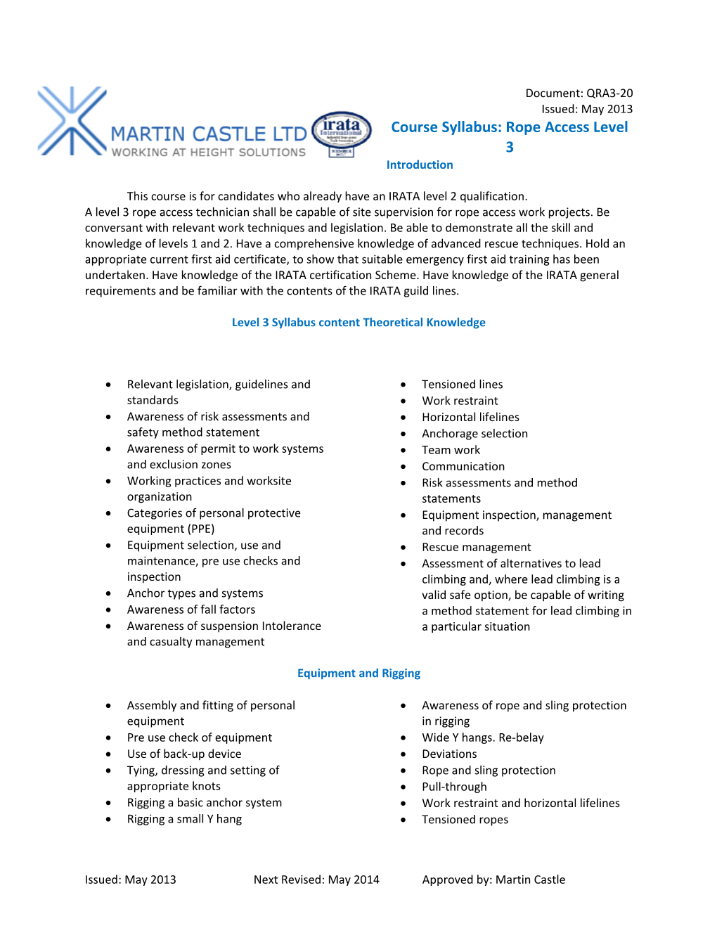 Course Syllabus: Rope Access Level 3