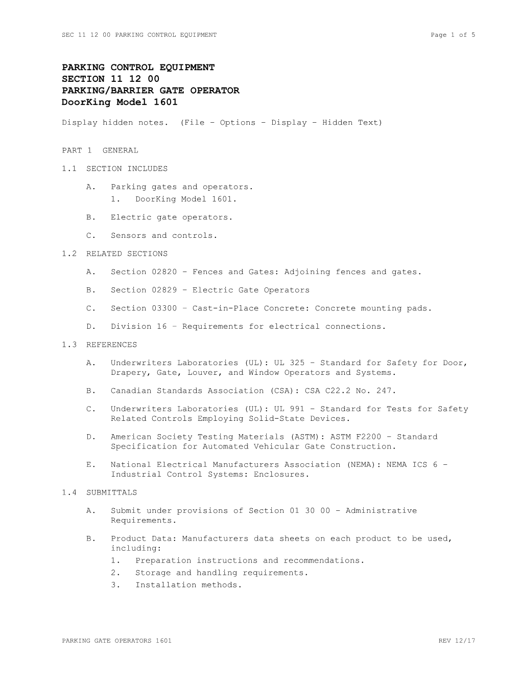 SEC 11 12 00 PARKING CONTROL EQUIPMENT Page 5 of 5