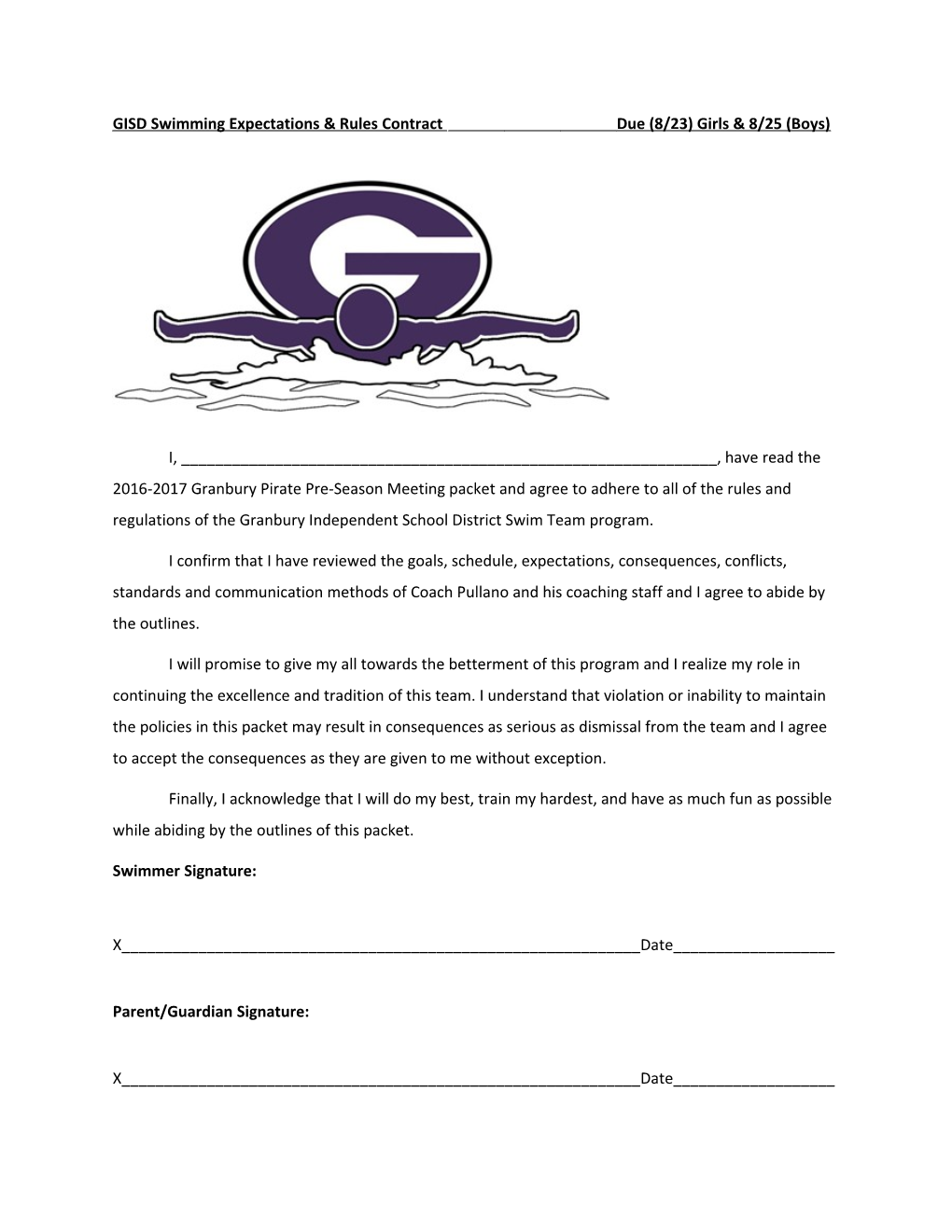GISD Swimming Expectations & Rules Contractdue (8/23) Girls & 8/25 (Boys)