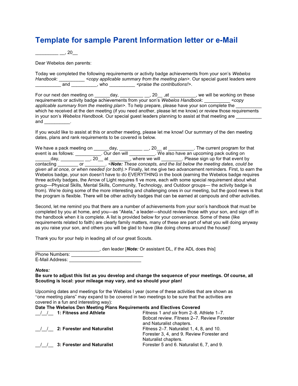 Template for Sample Parent Information Letter Or E-Mail