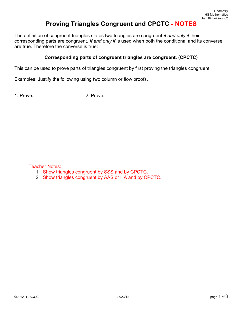 Proving Triangles Congruent and CPCTC Key