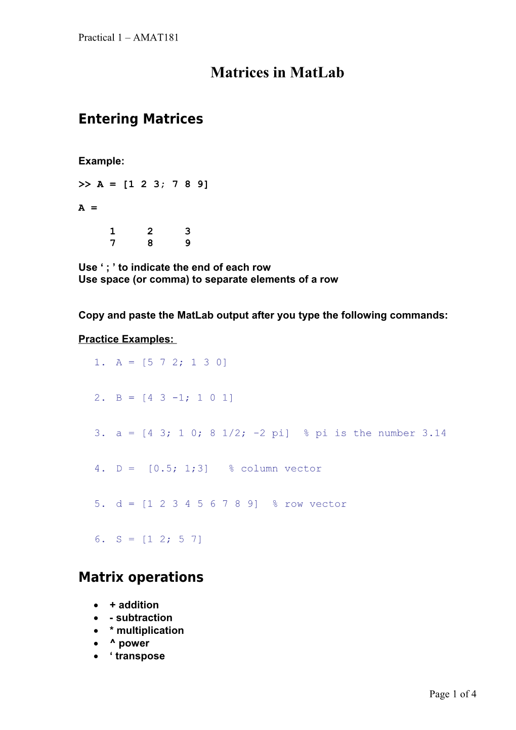 Matrices in Matlab