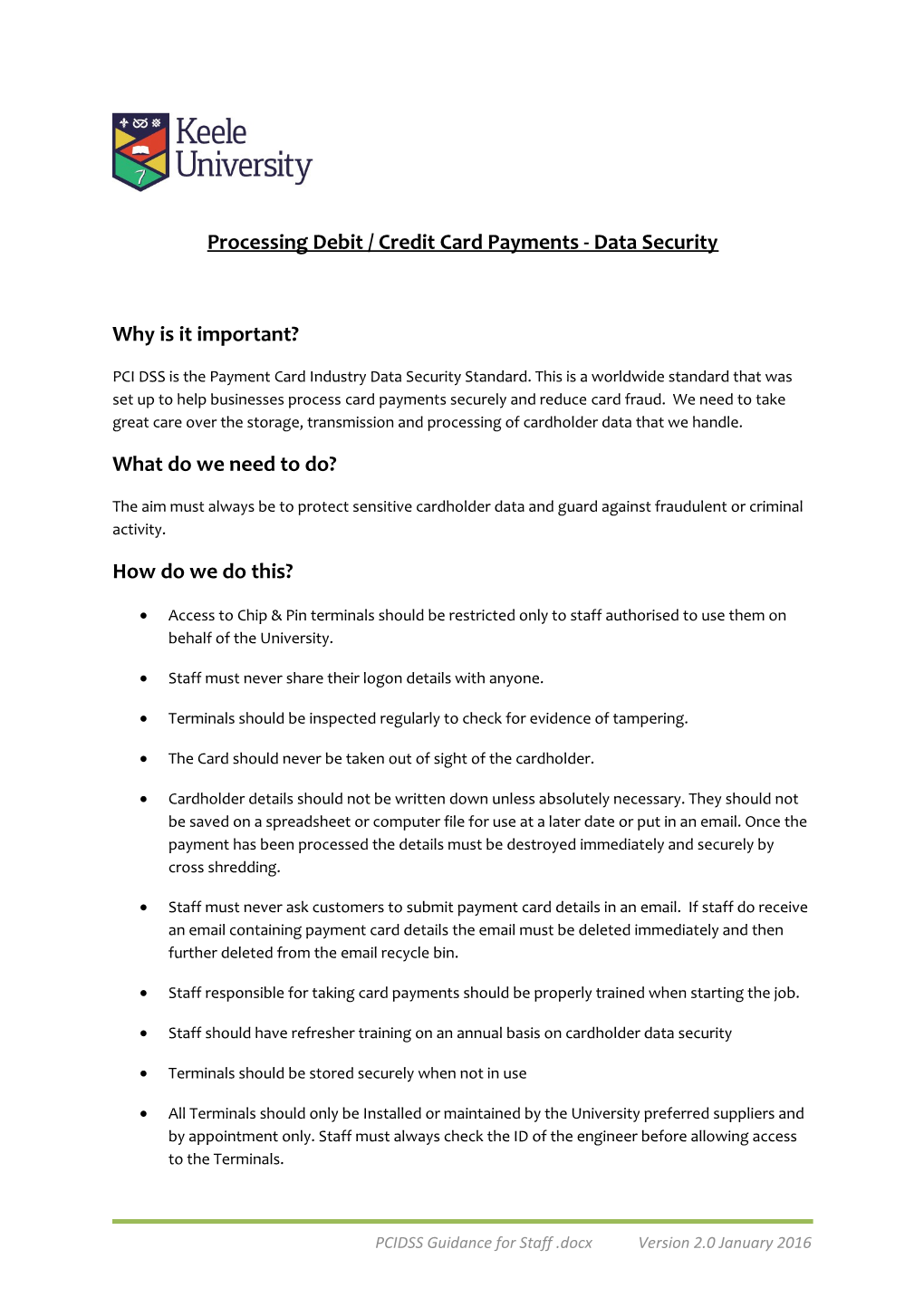 Processing Debit / Credit Card Payments - Data Security