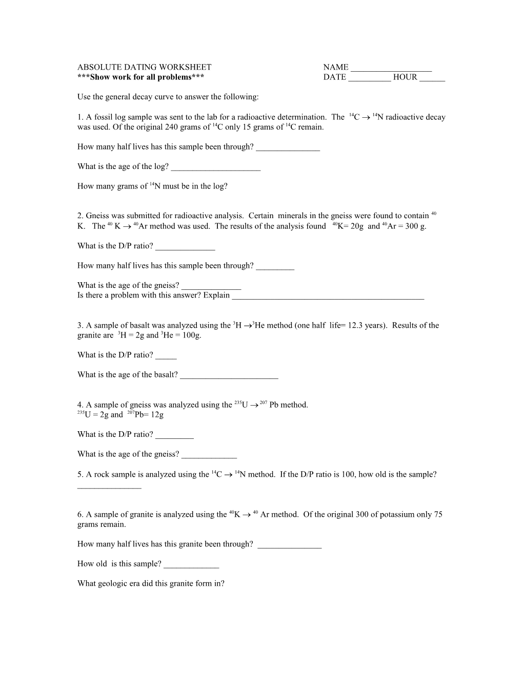 Radiometric Dating Worksheet Name ______