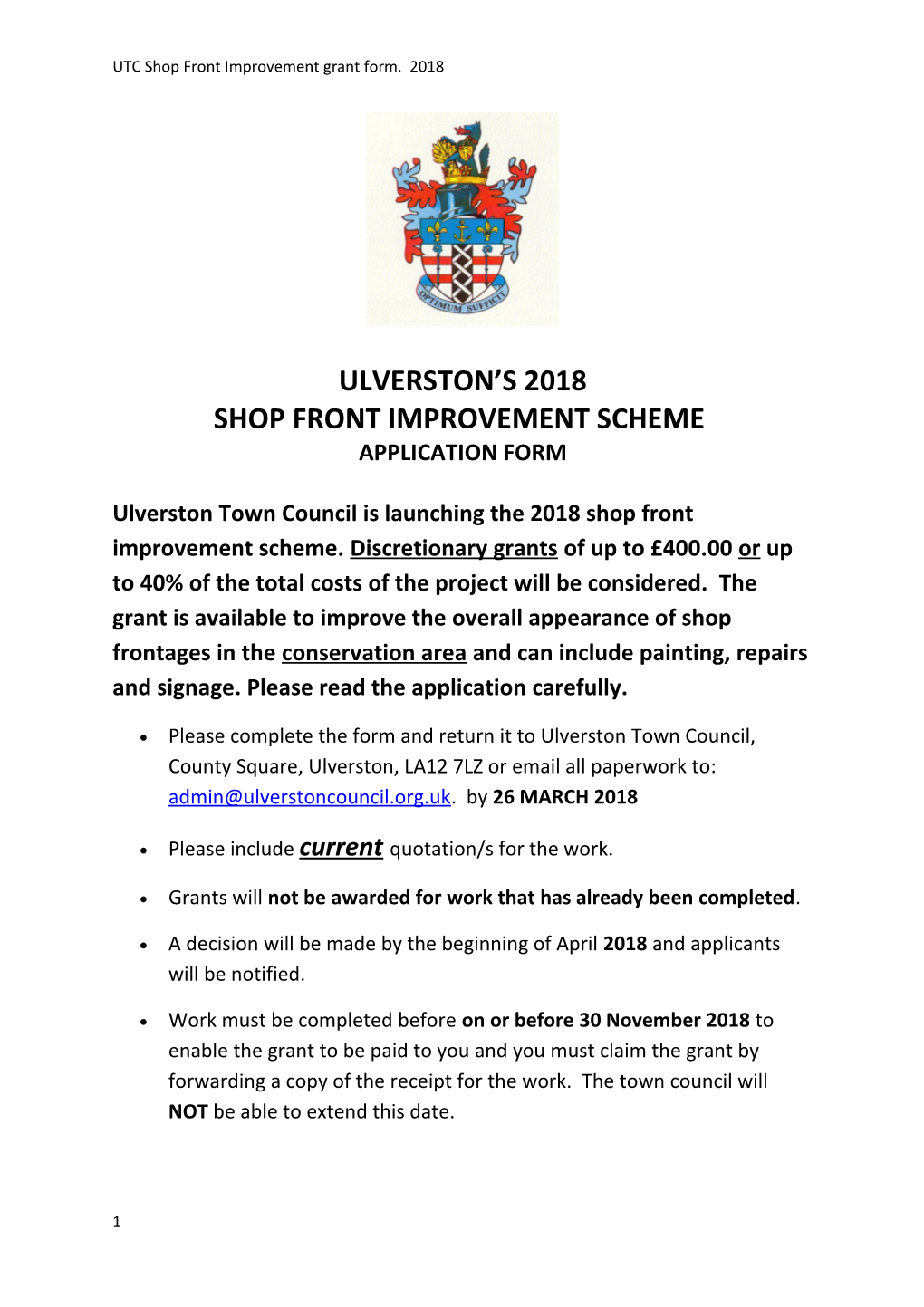 UTC Shop Front Improvement Grant Form. 2018