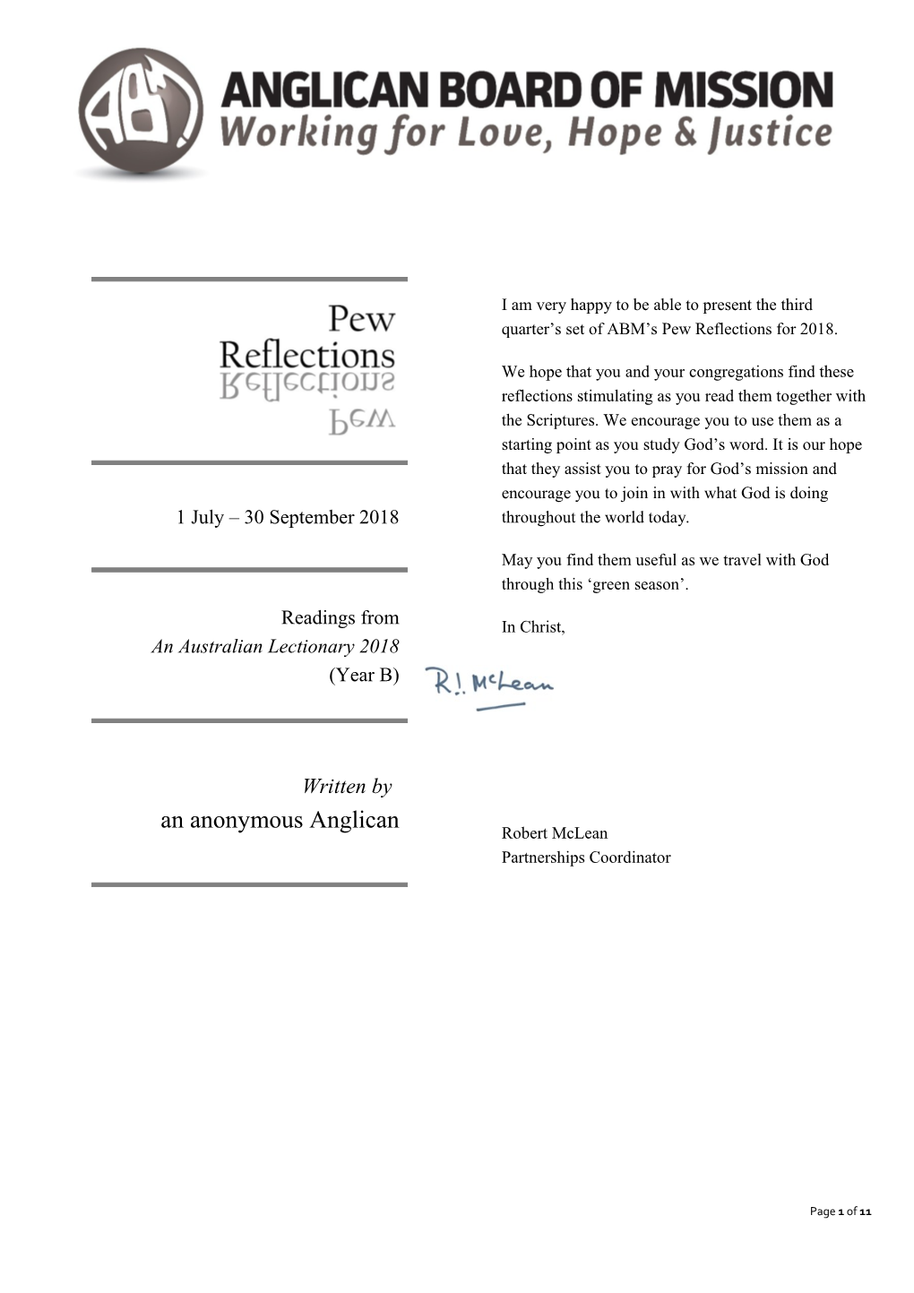 I Am Very Happy to Be Able to Present the Third Quarter S Set of ABM S Pew Reflections