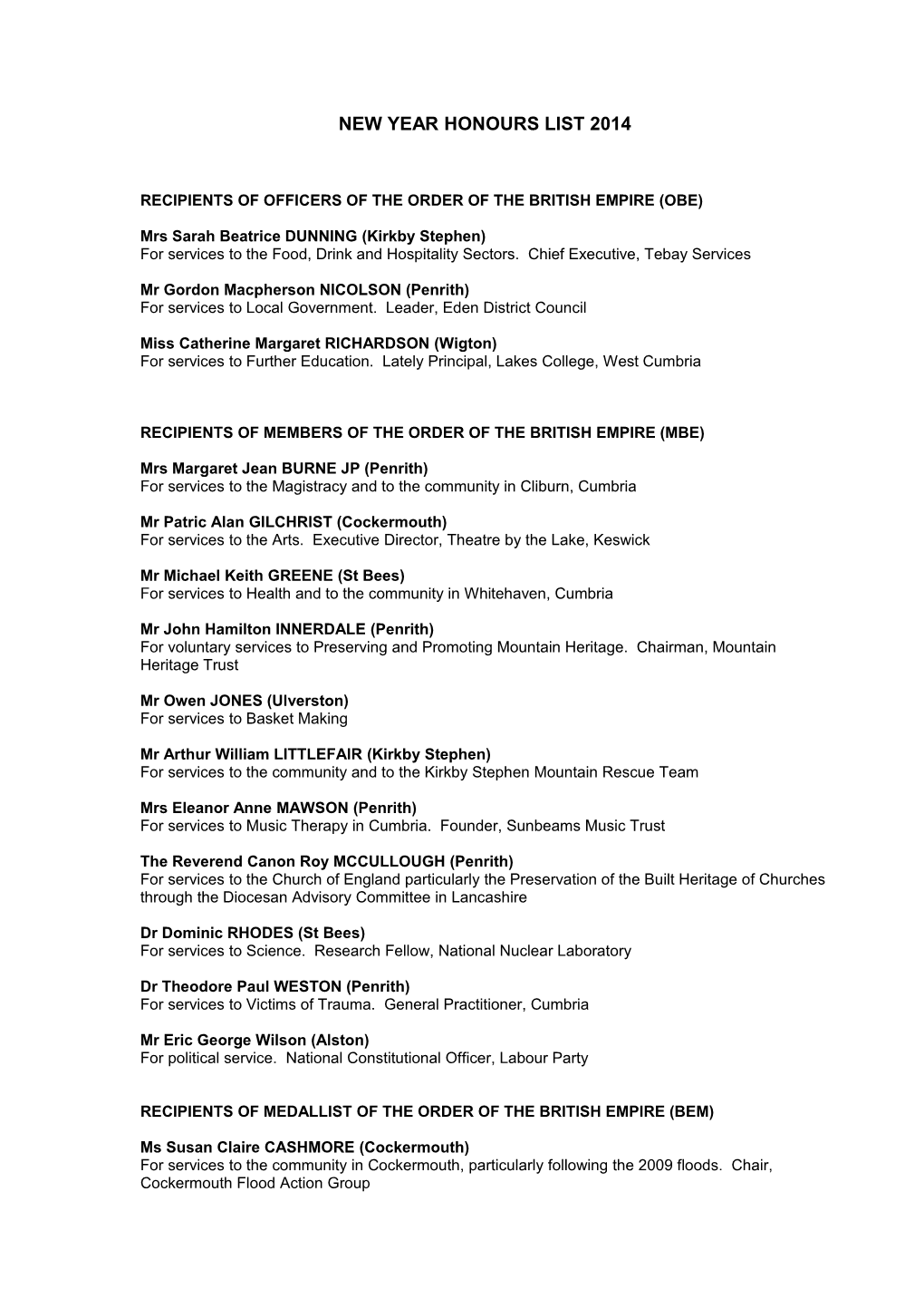 New Year Honours List 2012