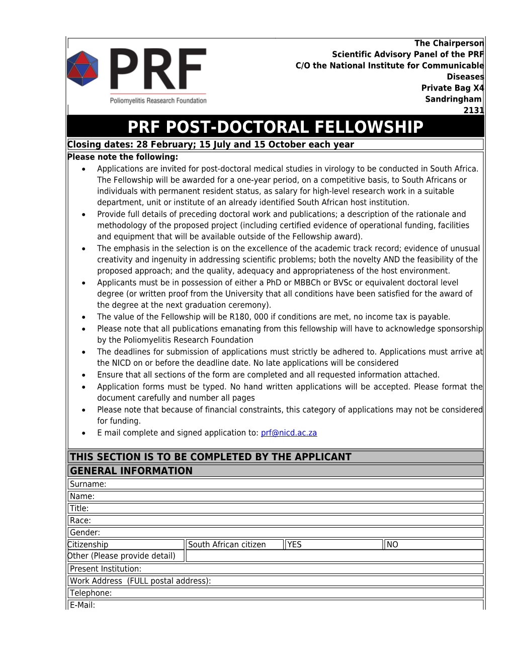 Prf Post-Doctoral Fellowship