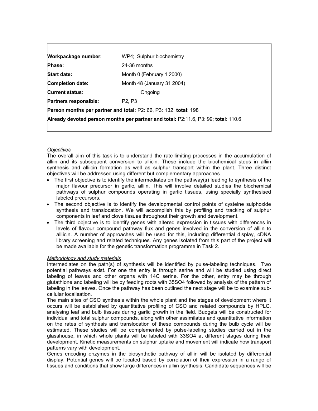 Workpackage Number: WP4; Sulphur Biochemistry