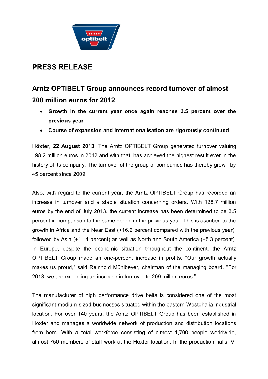 Arntz OPTIBELT Group Announces Record Turnover of Almost 200 Million Euros for 2012