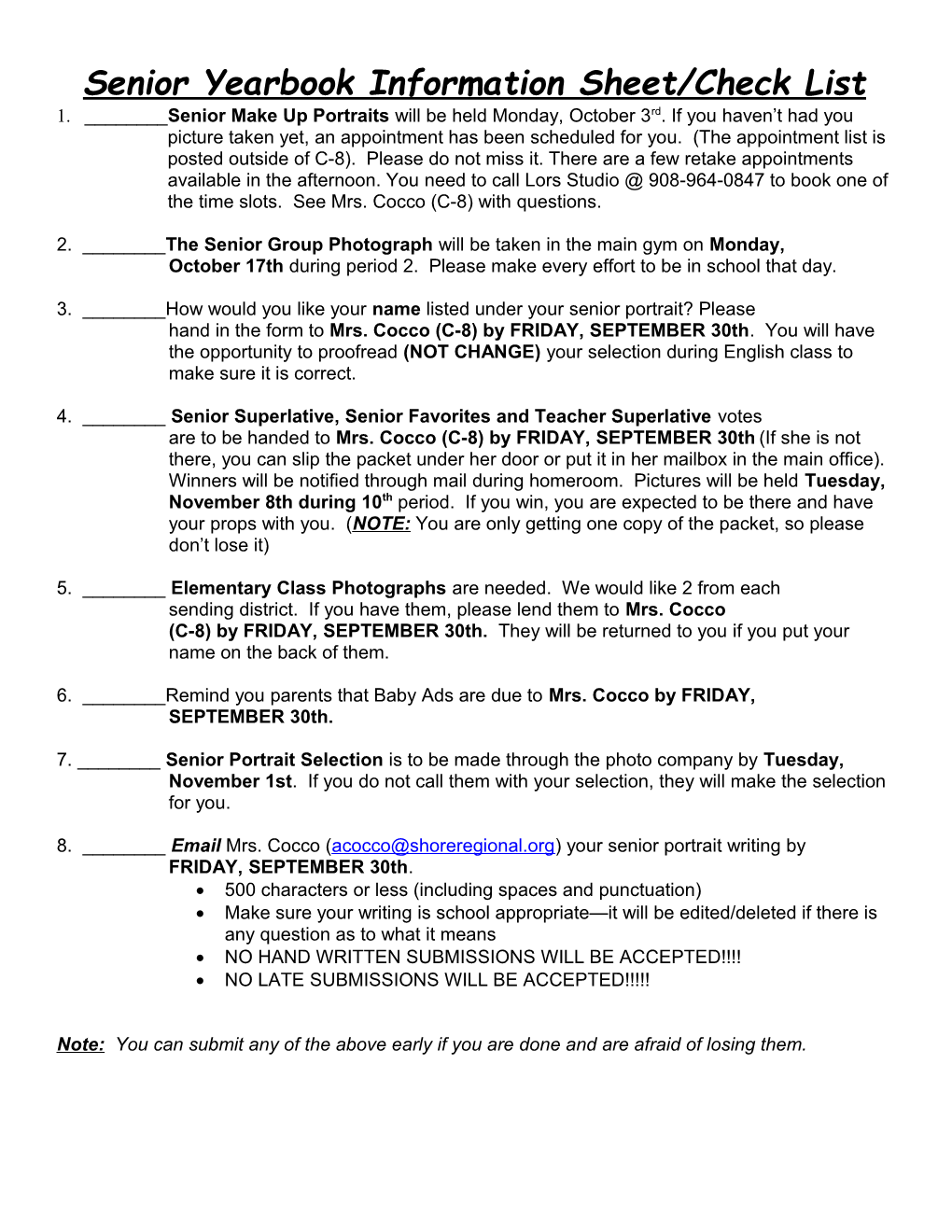 Senior Yearbook Information Sheet/Check List