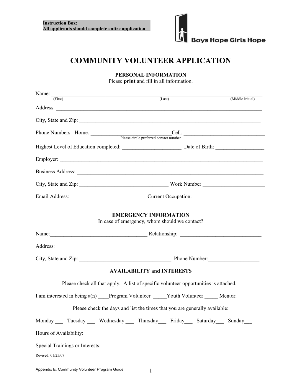 Community Volunteer Program Guide, Appendix E: Community Volunteer Application