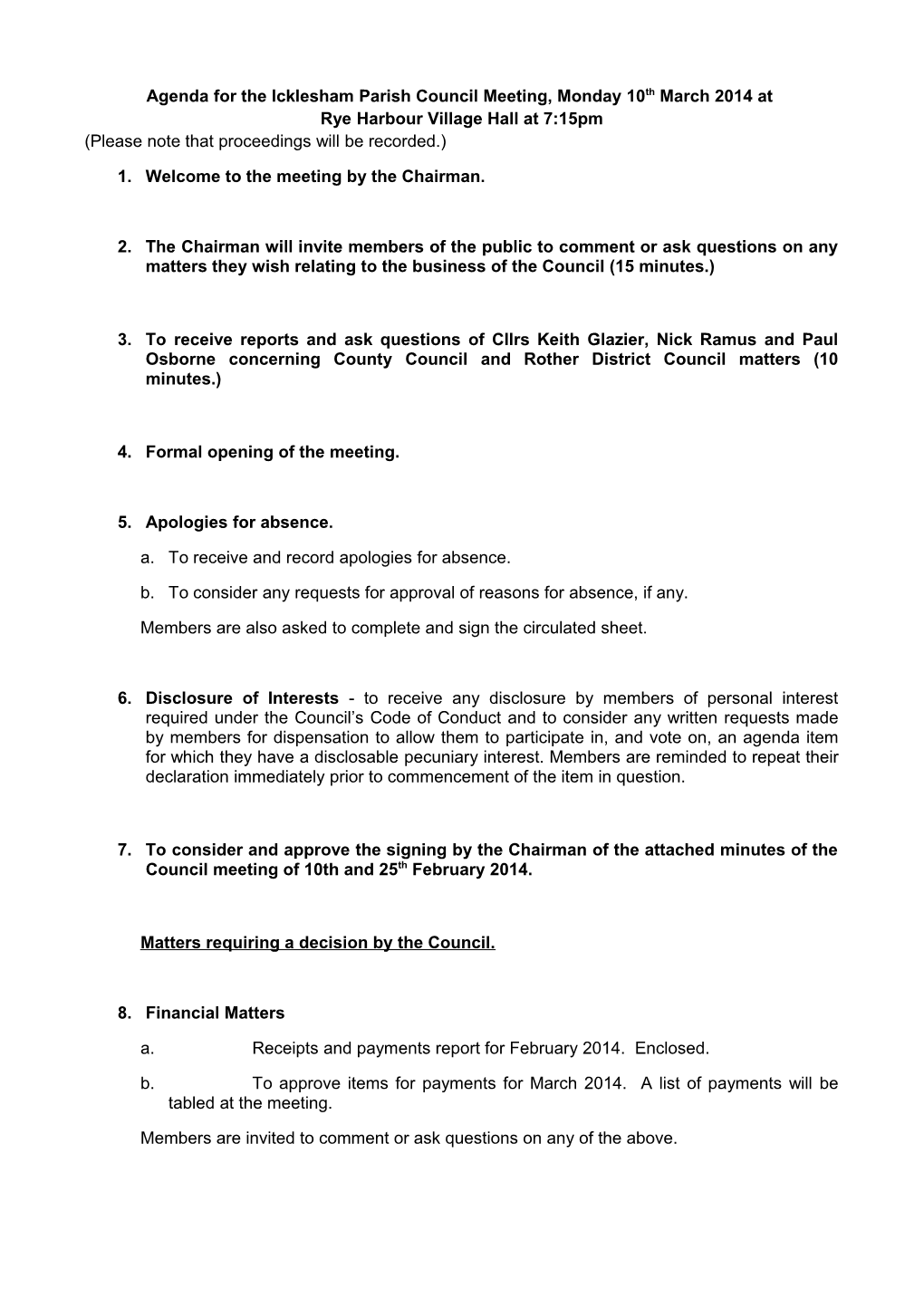Agenda for the Icklesham Parish Council Meeting, Monday 10Th March 2014 At