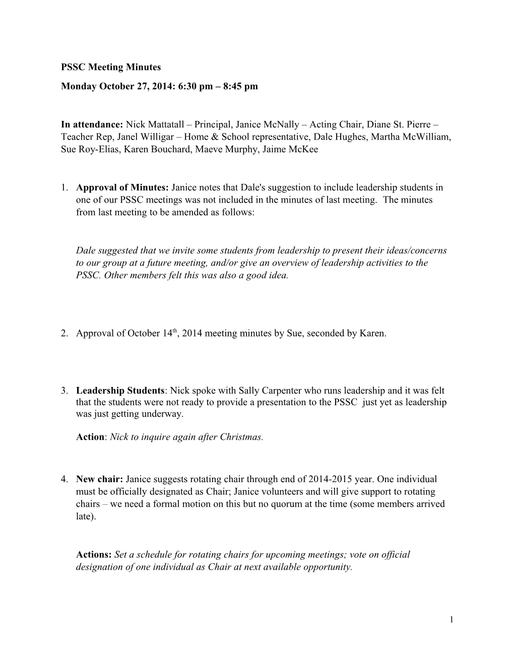 PSSC Meeting Minutes Oct. 27, 2014