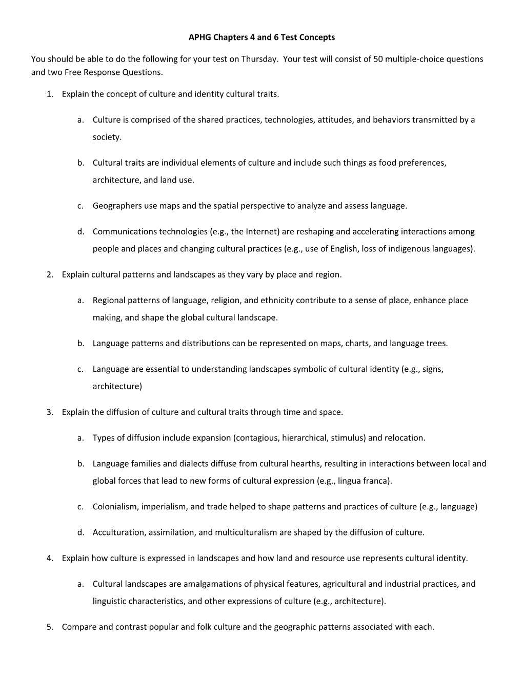 APHG Chapters 4 and 6 Test Concepts