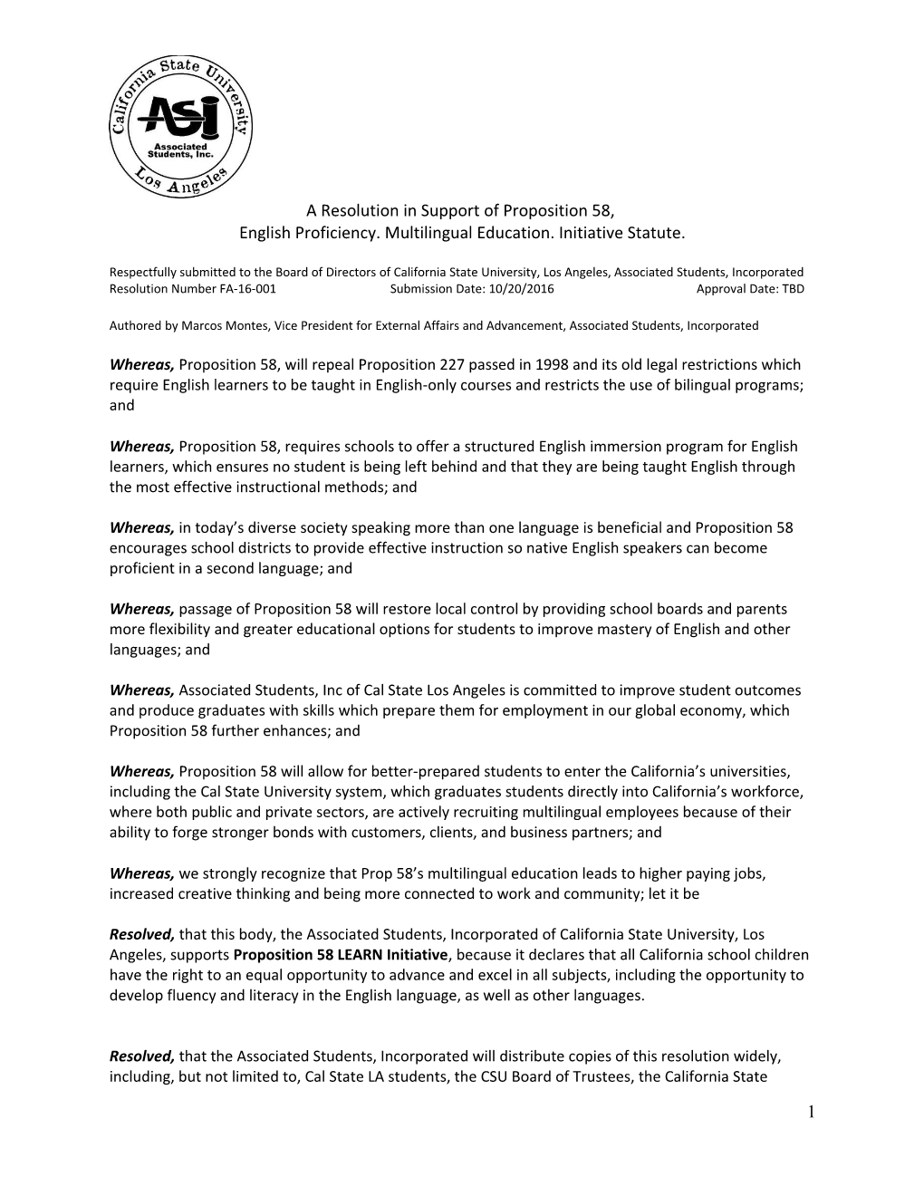 A Resolution in Support of Proposition 58