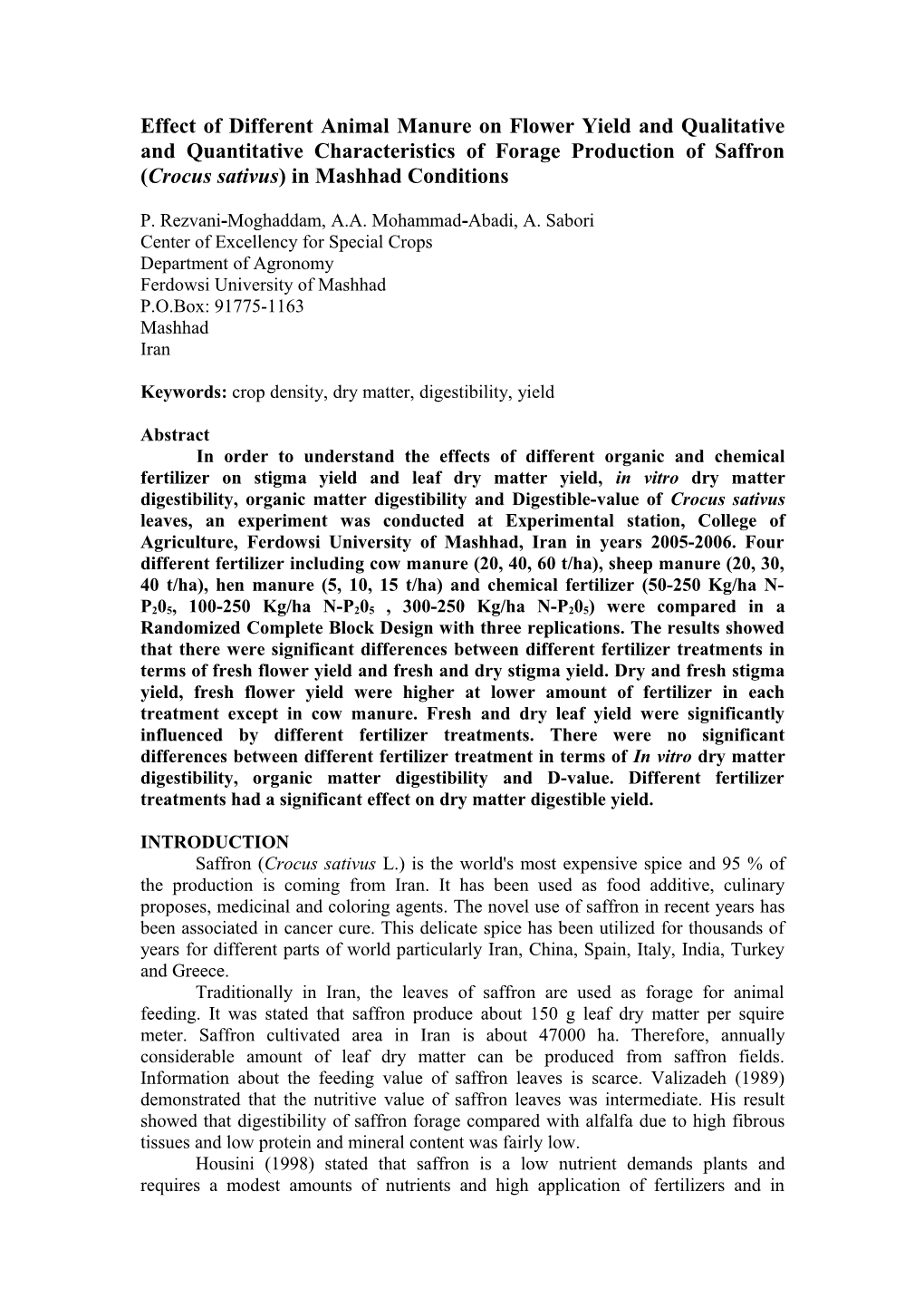 Effect of Different Animal Manure on Flower Yield and Qualitative and Quantitative