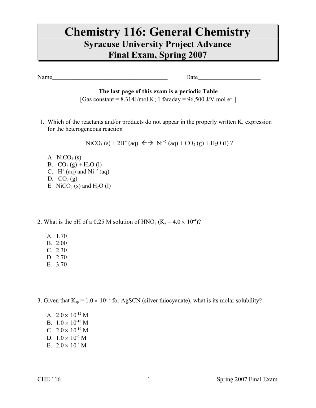 Project Advance Chemistry 106 Sample Questions