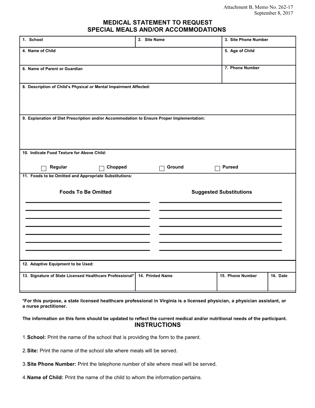 Medical Statement Form for SNP - USDA Civil Rights (CA Dept of Education)