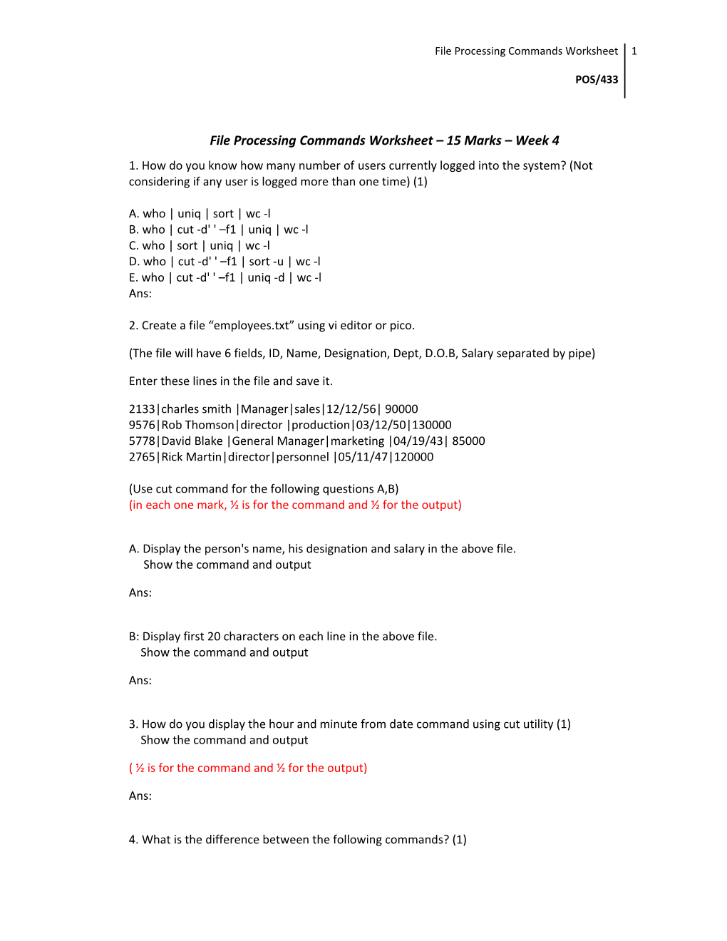 File Processing Commands Worksheet 15 Marks Week 4