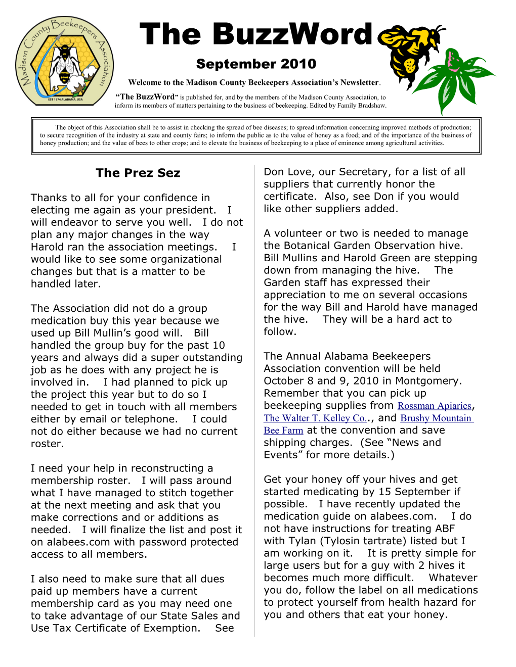 Welcome to the Madison County Beekeepers Association S Newsletter