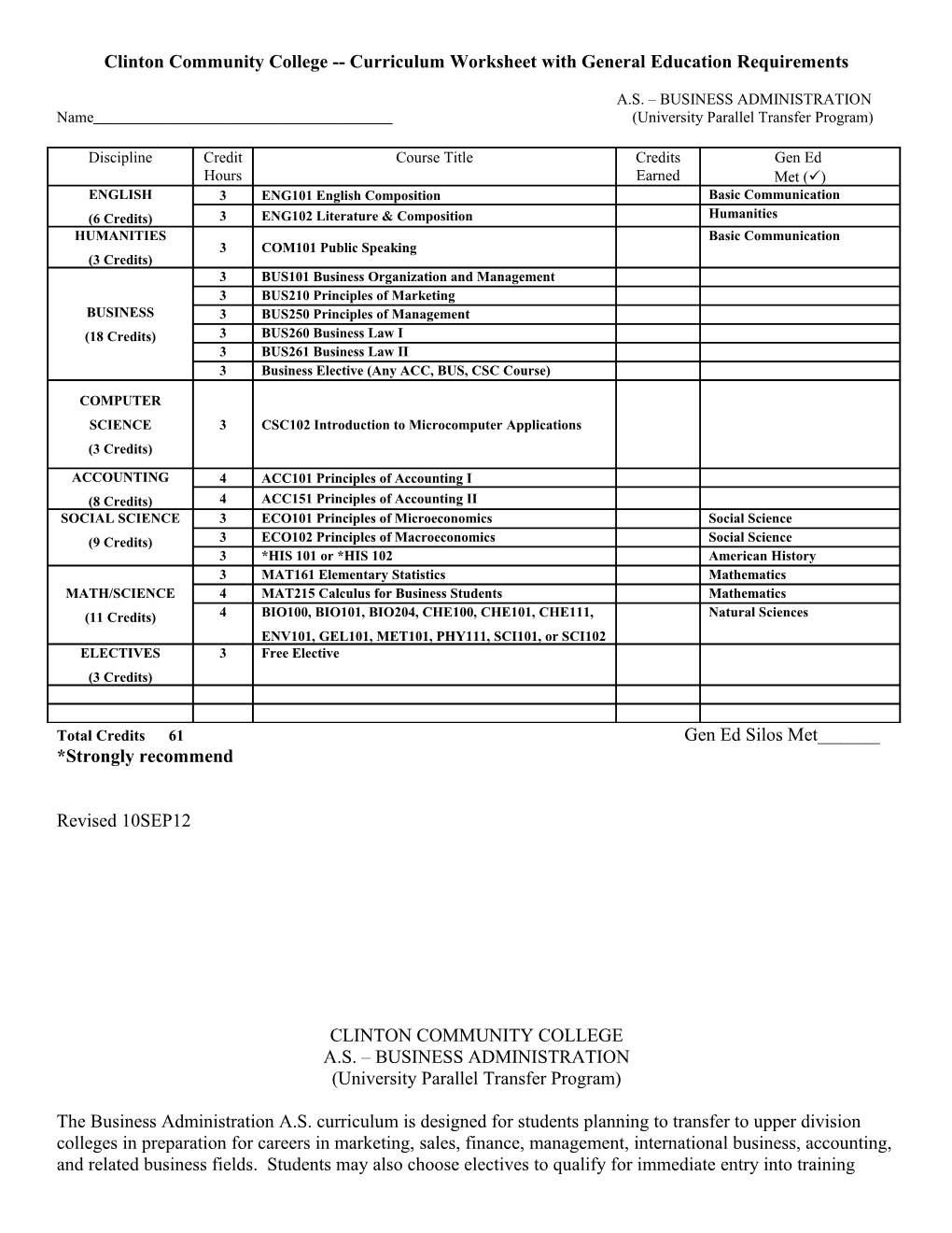 Clinton Community College Curriculum Worksheet with General Education Requirements