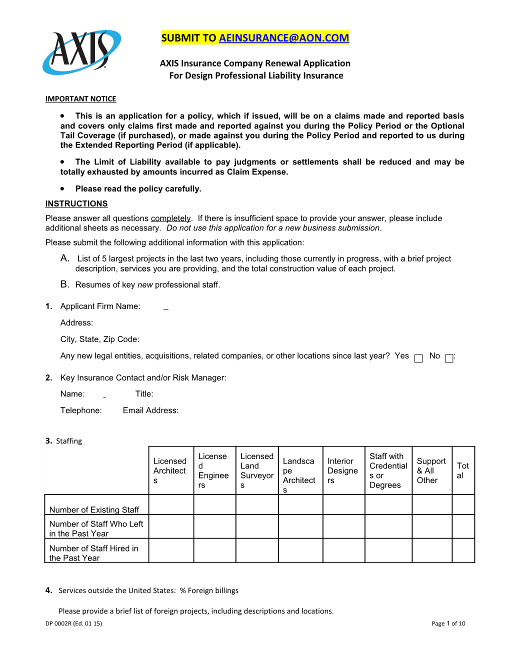 AXIS Insurance Company Renewal Application