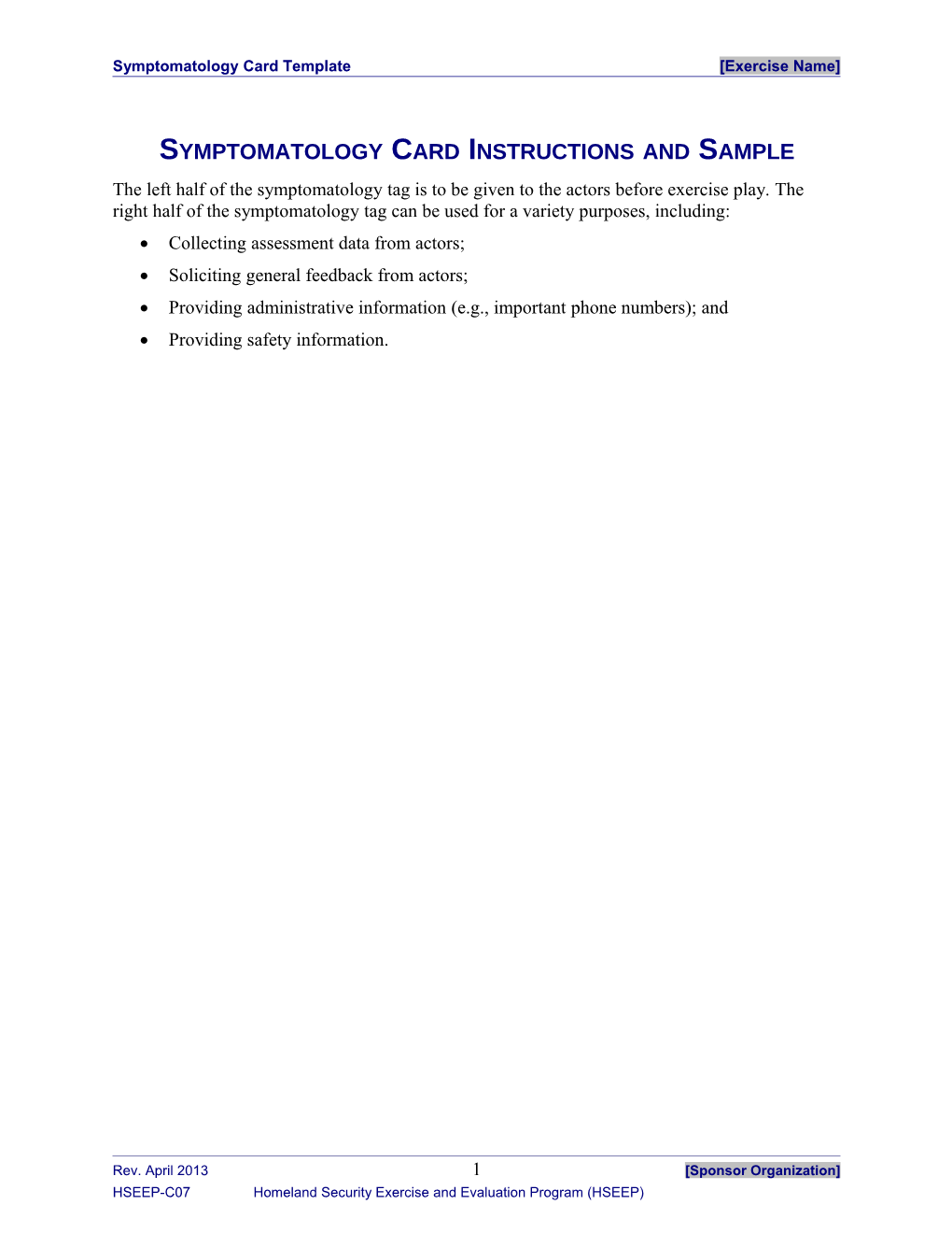 Symptomatology Card Template