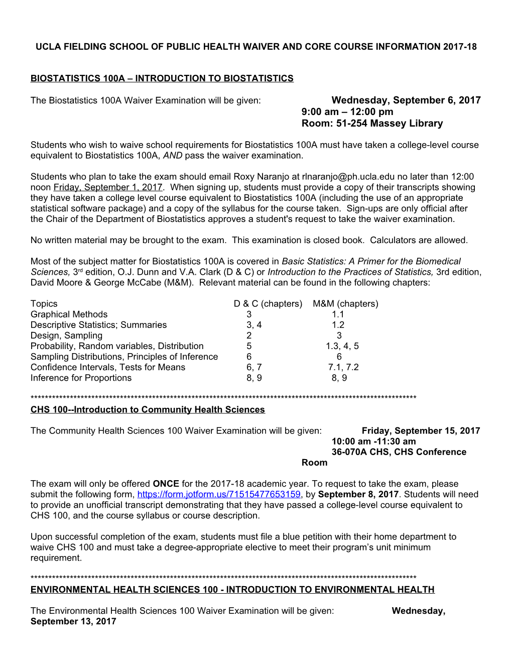 Ucla School of Public Health Waiver and Core Course Information 2007-2008