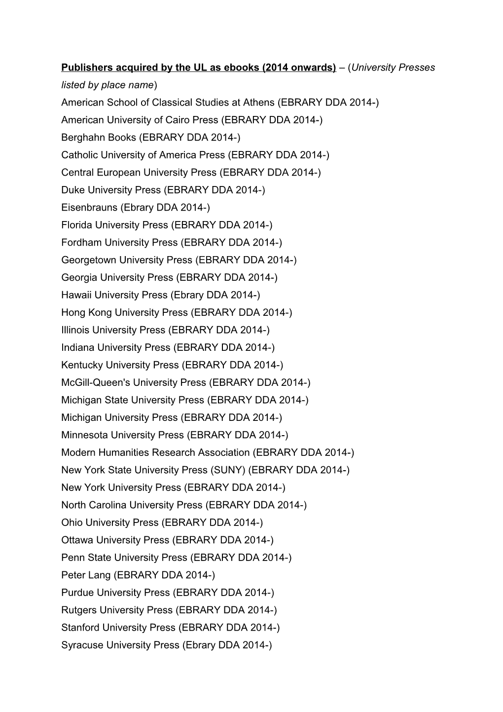 Publishers Acquired by the UL As Ebooks (2014 Onwards) ( University Presses Listed By