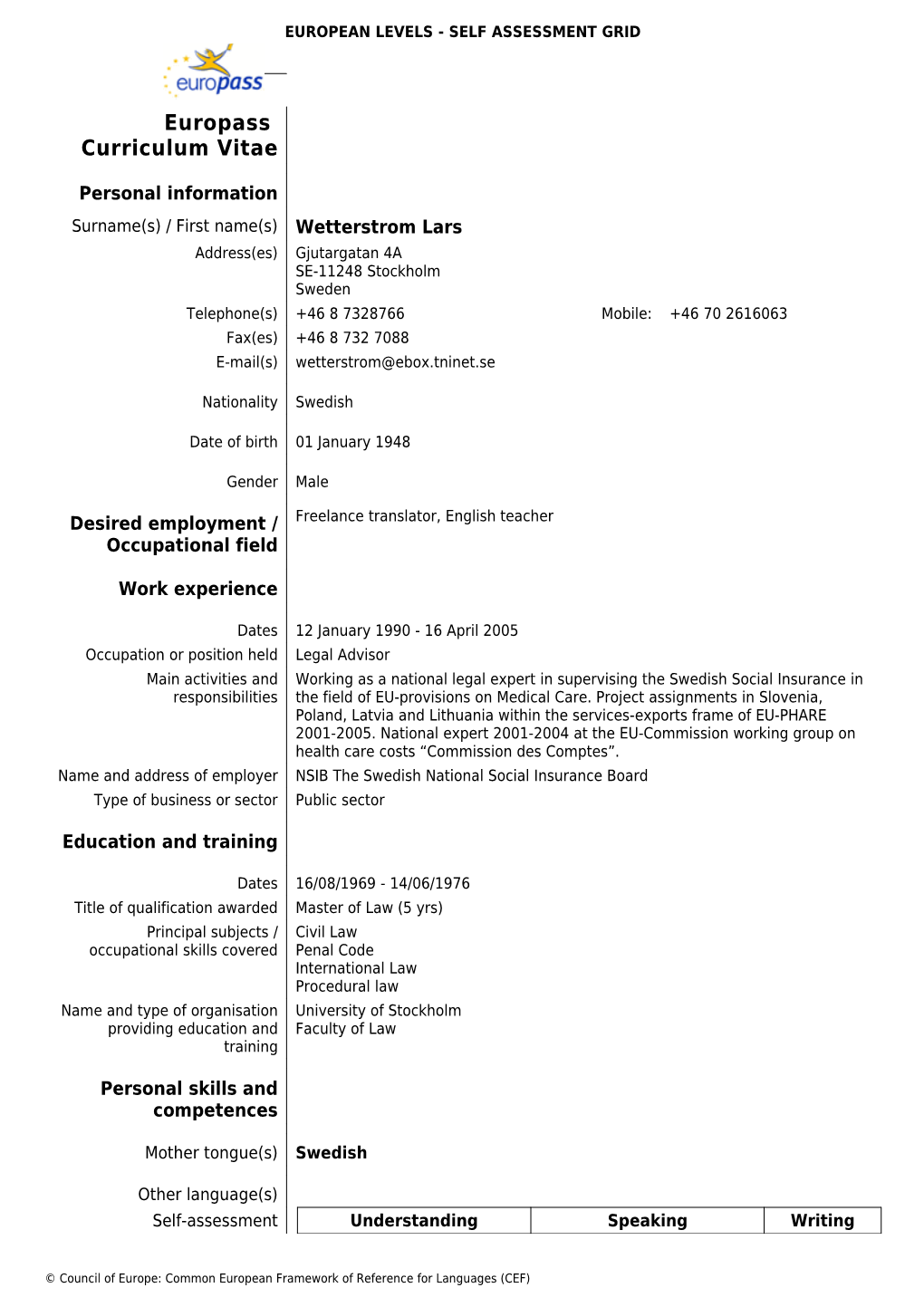 European Levels - Self Assessment Grid