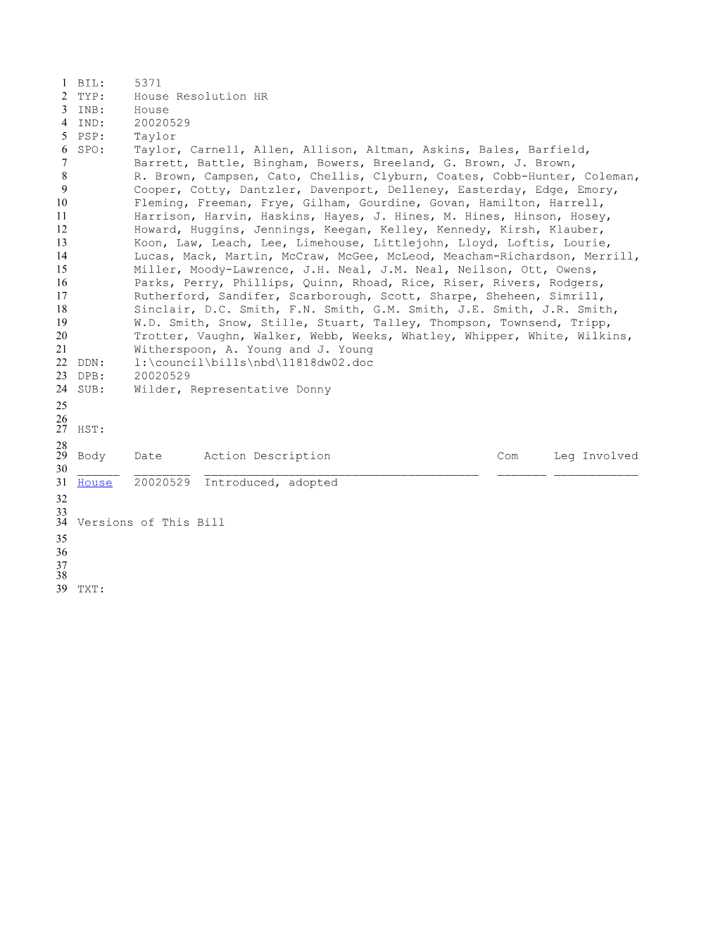 2001-2002 Bill 5371: Wilder, Representative Donny - South Carolina Legislature Online