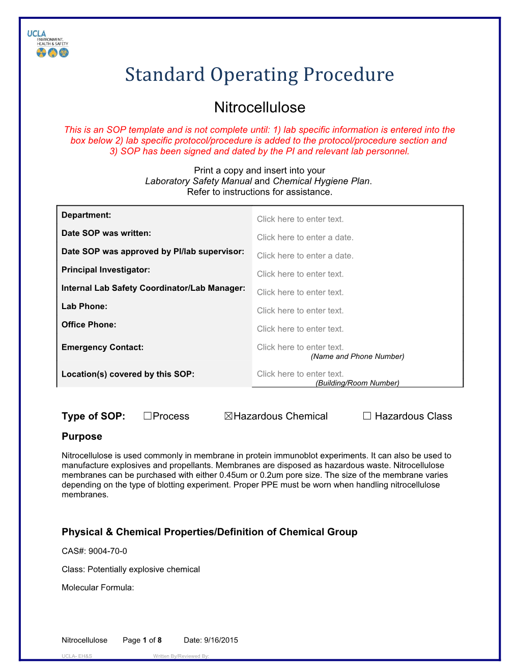 Type of SOP: Process Hazardous Chemical Hazardous Class s1