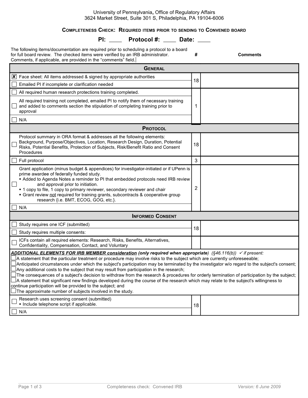 Completeness Check: Required Items Prior to Sending to Full Board