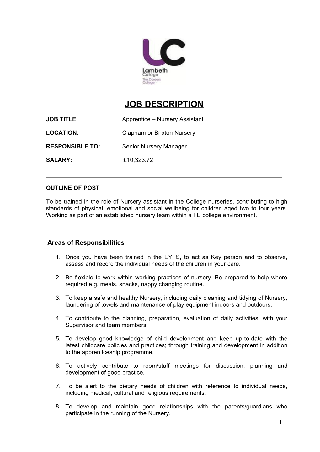 Centre Office Staff : Job Description and Person Specification