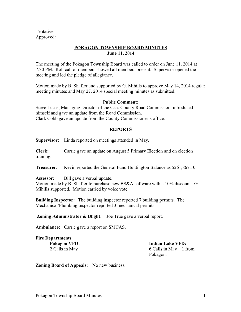 Pokagon Township Board Minutes