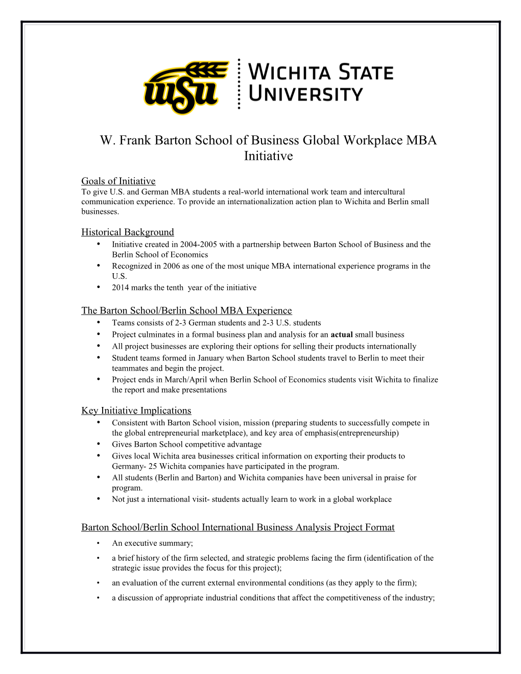 Wichita State University Barton School Global Workplace MBA Initiative