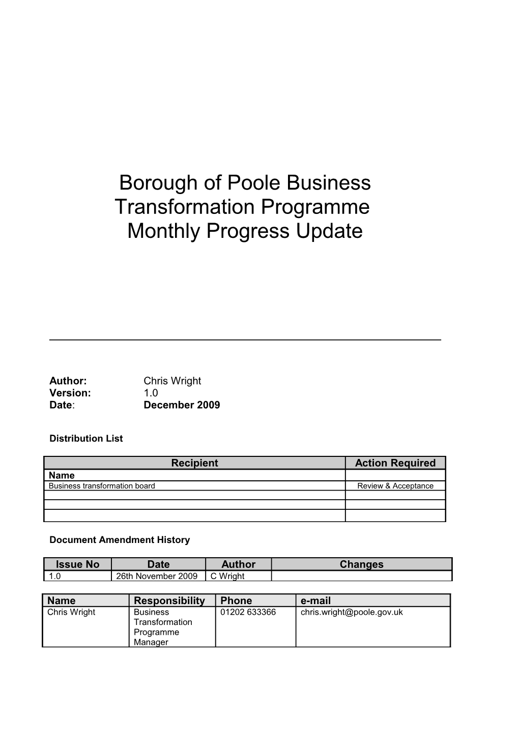 Business Transformation Programme Monthly Progress Update