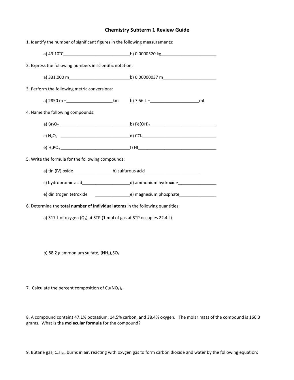 Chemistry Subterm 1 Review Guide