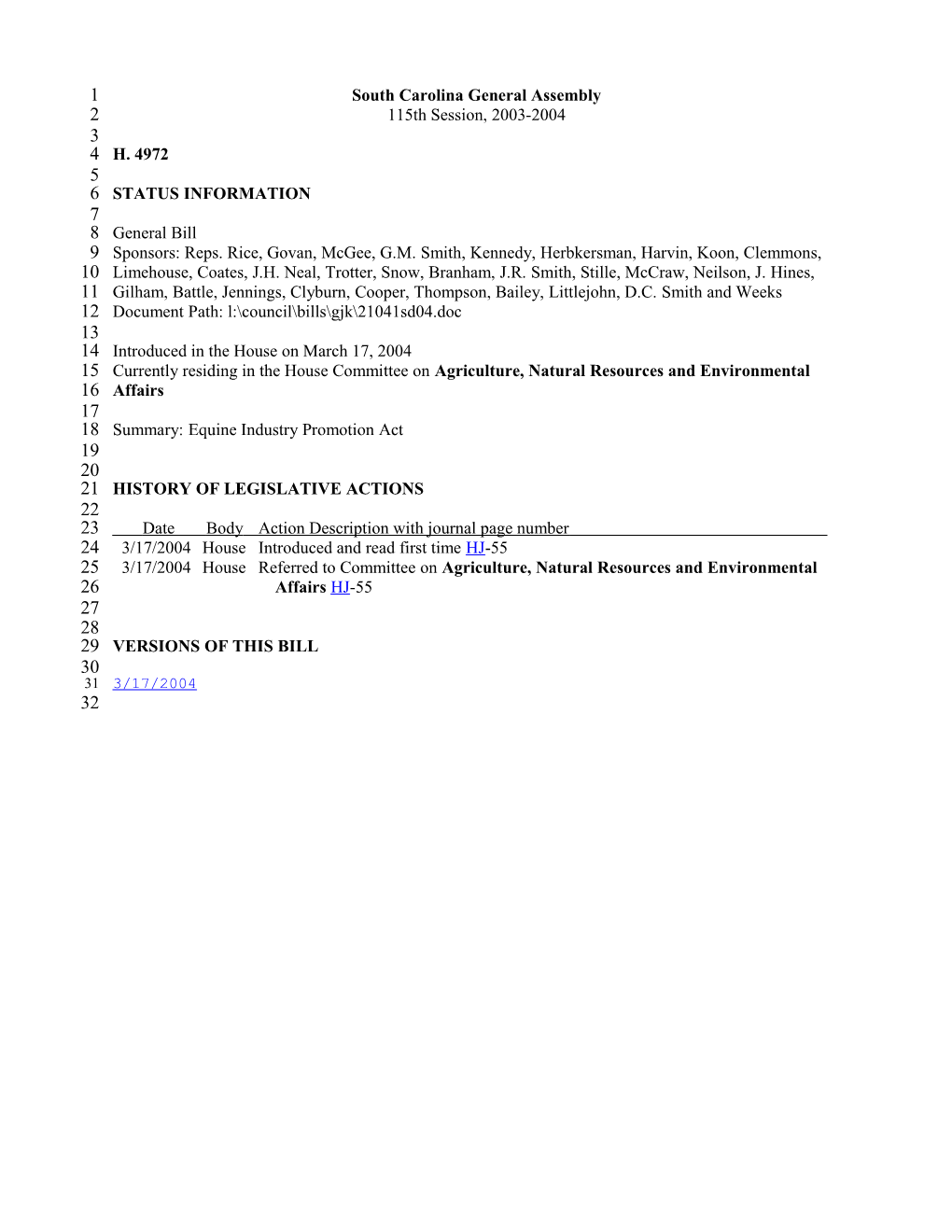 2003-2004 Bill 4972: Equine Industry Promotion Act - South Carolina Legislature Online