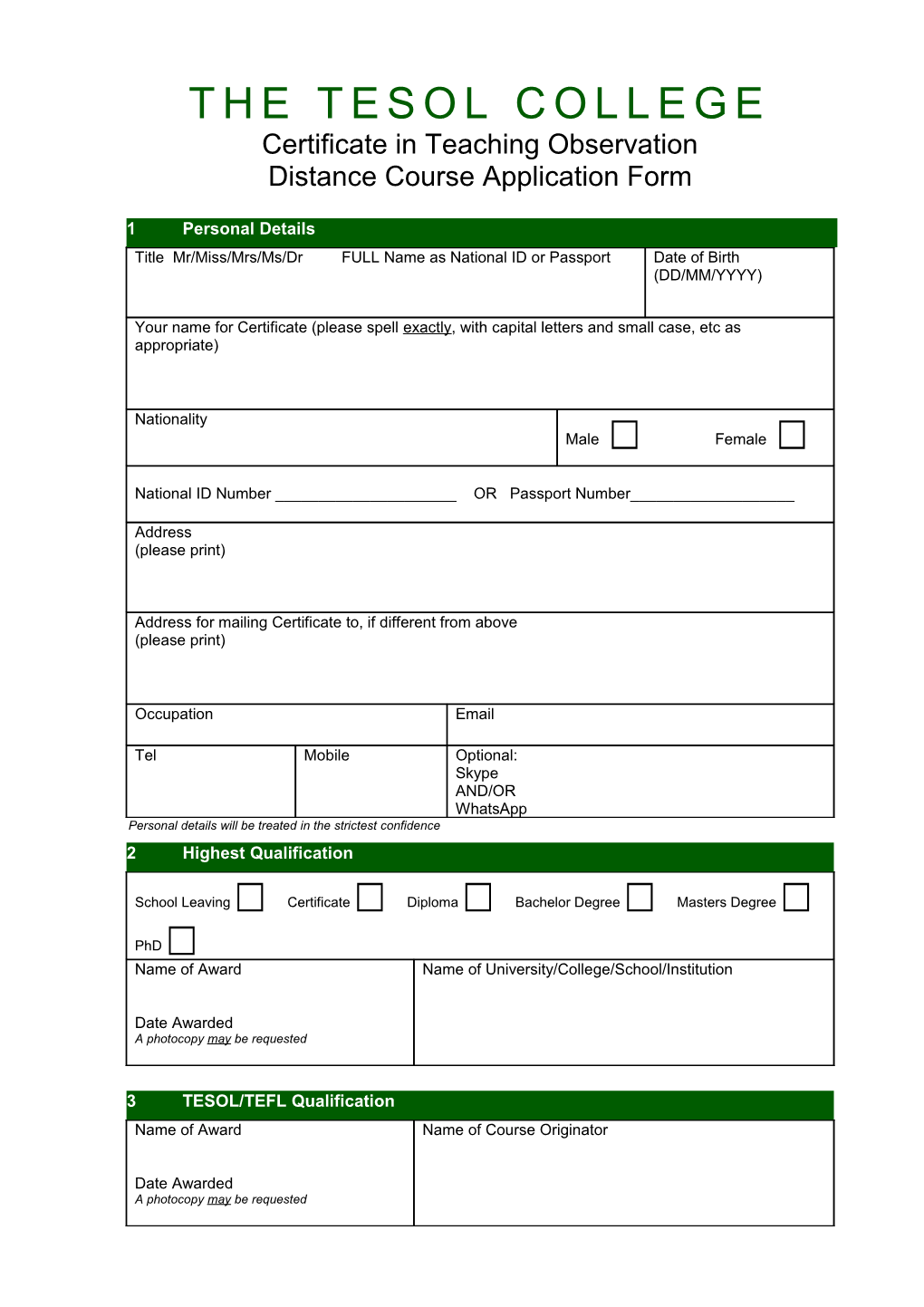 Certificate in Teaching Observation Application Form