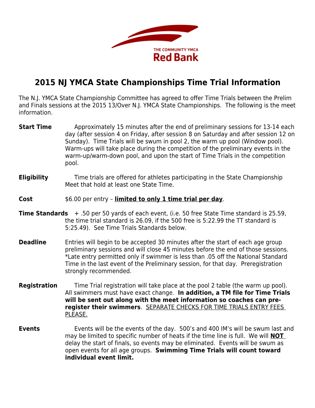 2015 NJ YMCA State Championships Time Trial Information