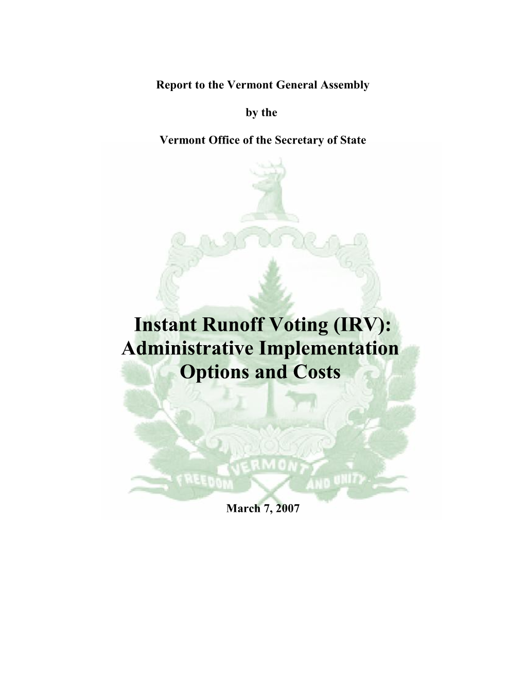 Report to the Vermont General Assembly