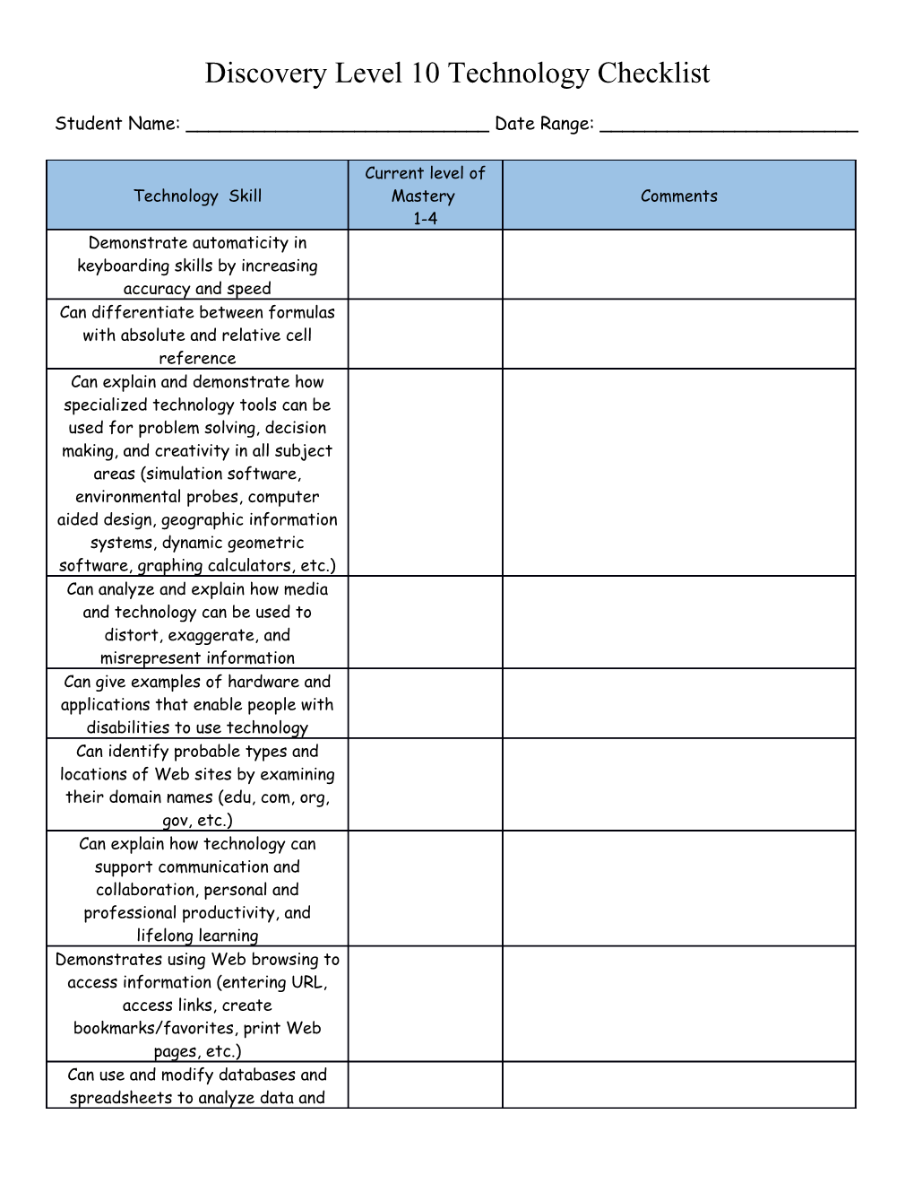 Discovery Level 10 Technology Checklist