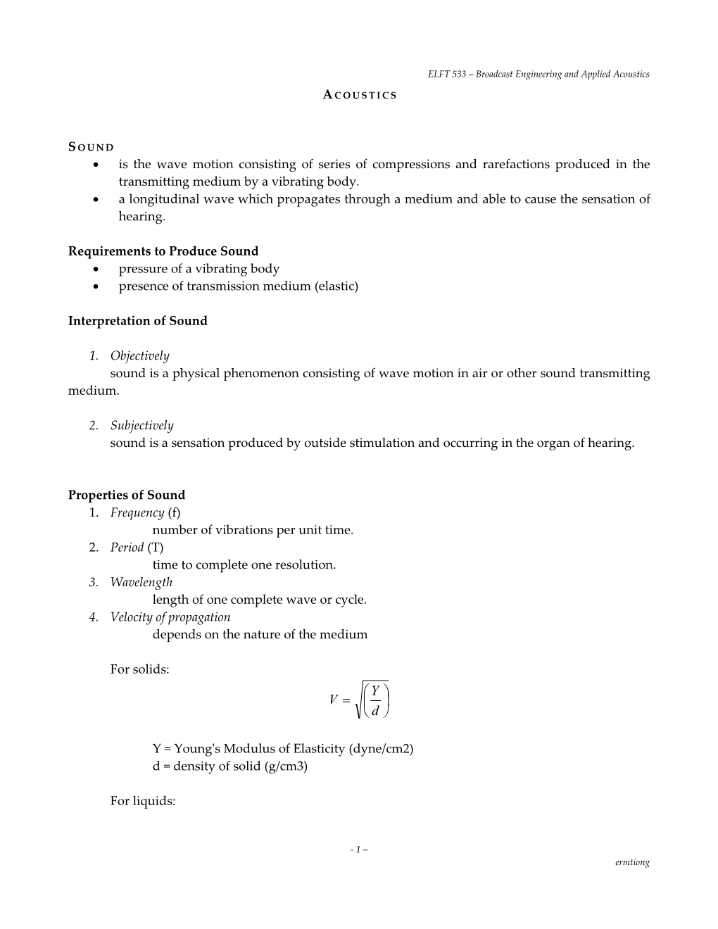 ELFT 533 Broadcast Engineering and Applied Acoustics