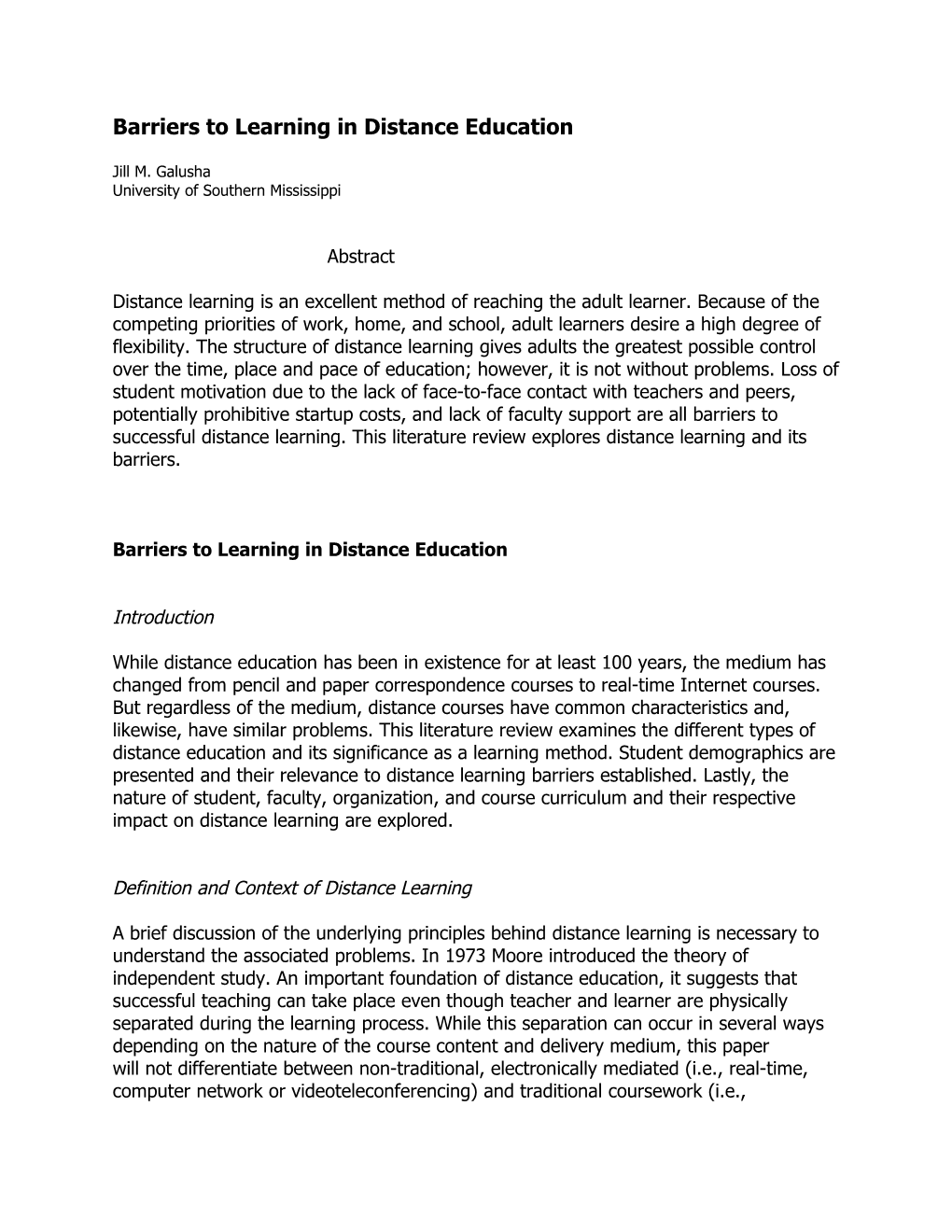 Barriers to Learning in Distance Education