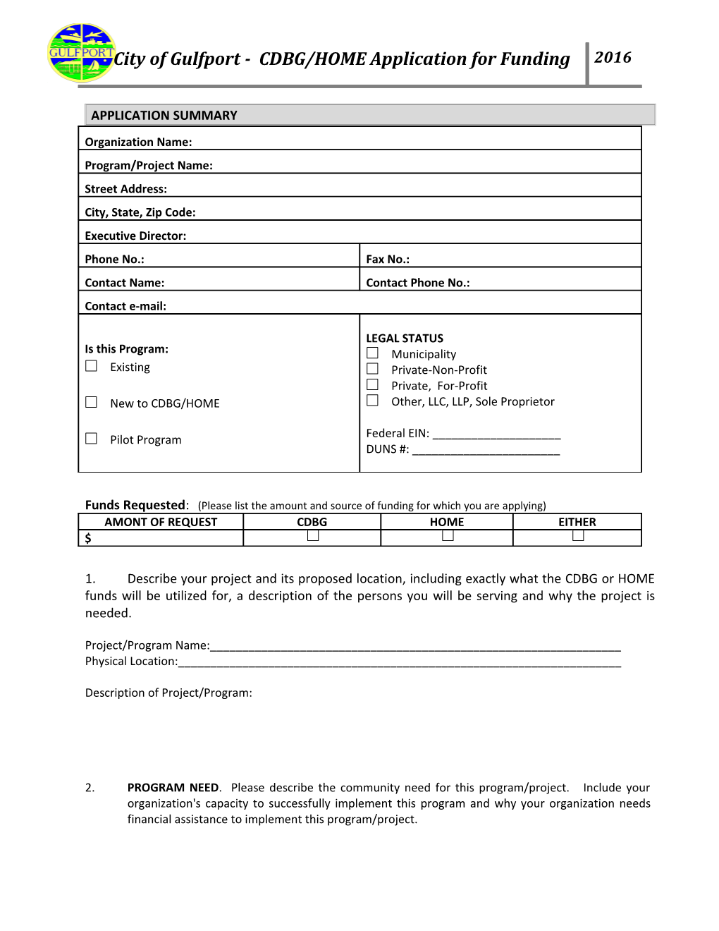 City of Gulfport CDBG/HOME Application Form