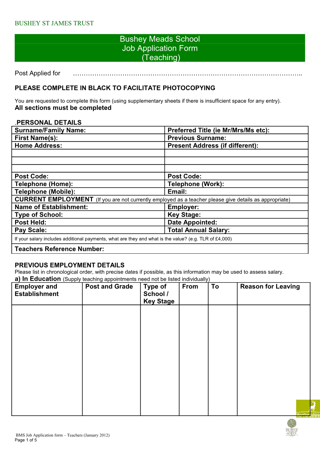 Hertfordshire County Council Job Application Form - Teaching (Teaching)
