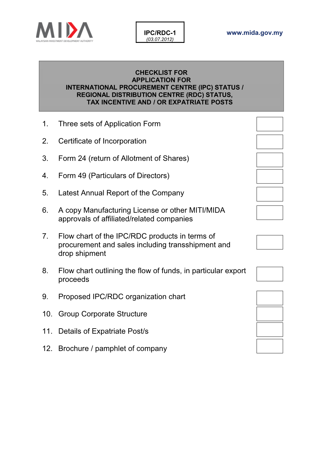 Application for International Procurement Centre (Ipc) Status / Tax Incentives