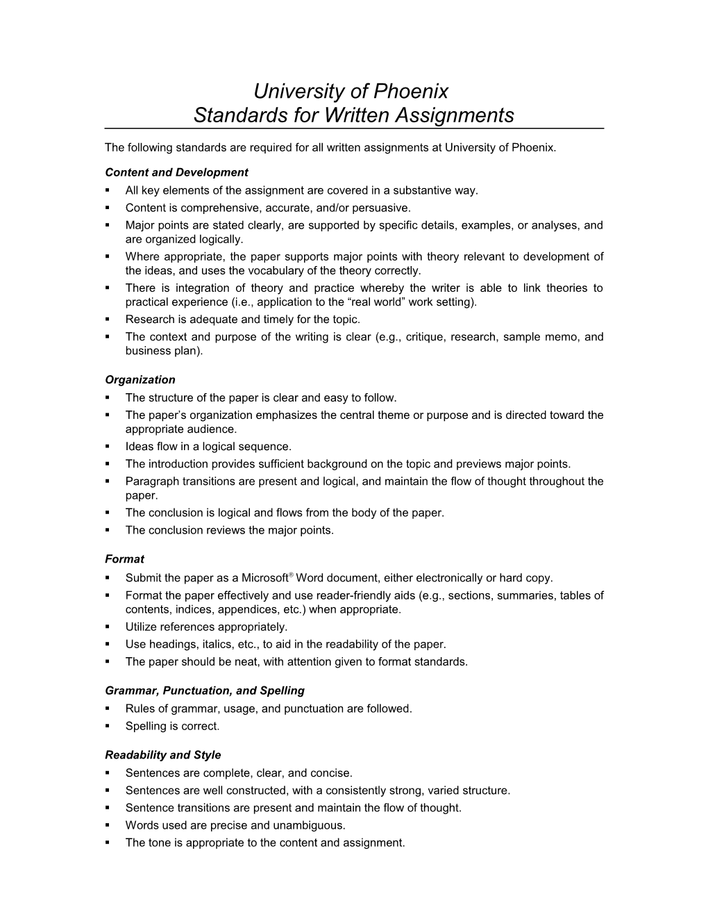 University of Phoenix Formatting Standards for Written Assignments